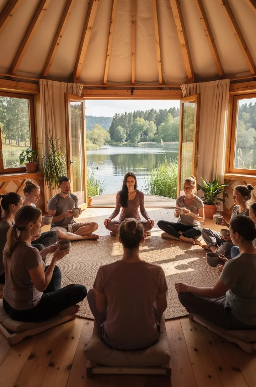 Moteris atsipalaidavusi, laikanti arbatos puodelį per kasdienę pertrauką.
