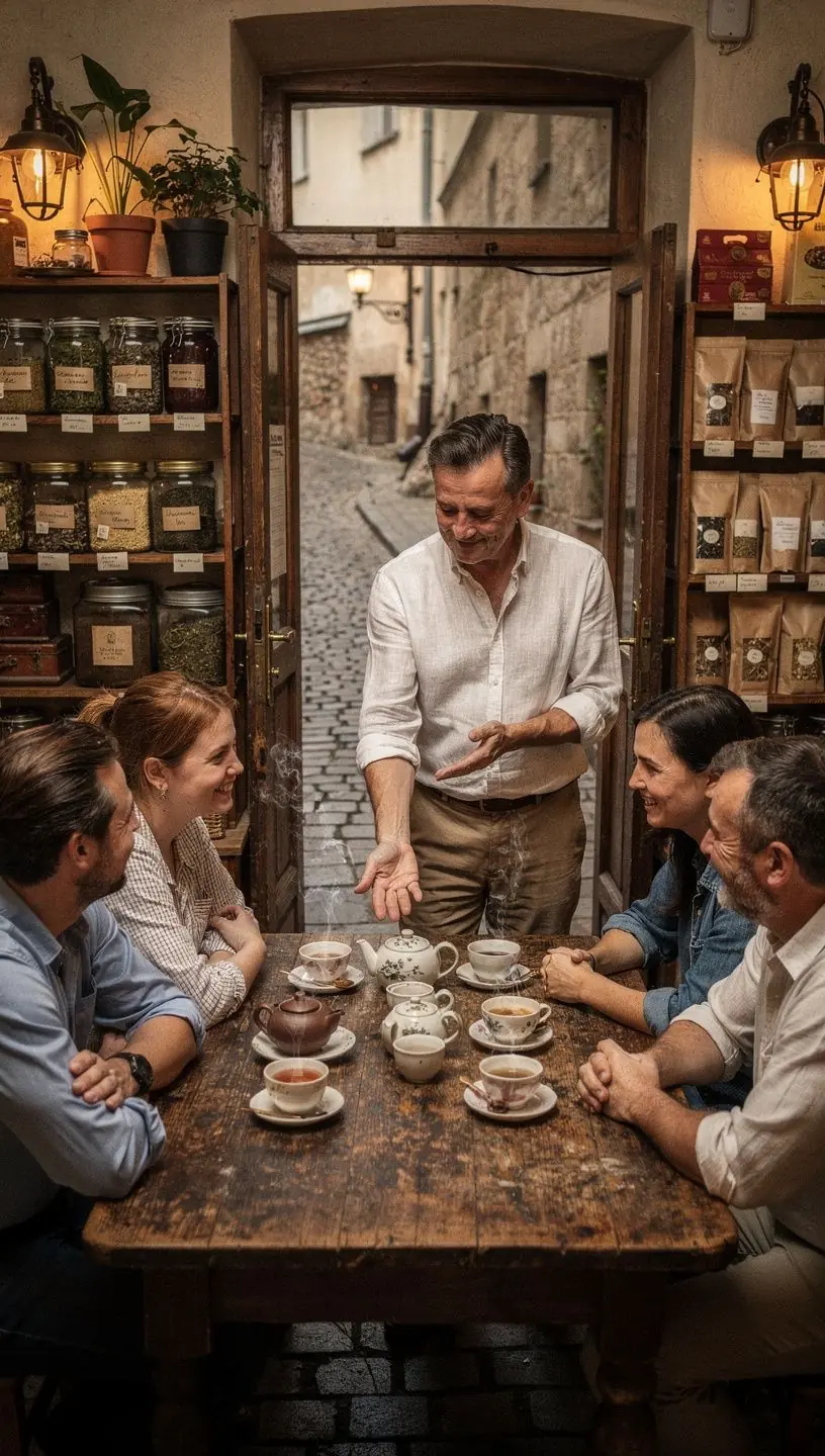 Šilumos ir komforto simbolis – arbatos puodelis ant pledo rudenio vakare.