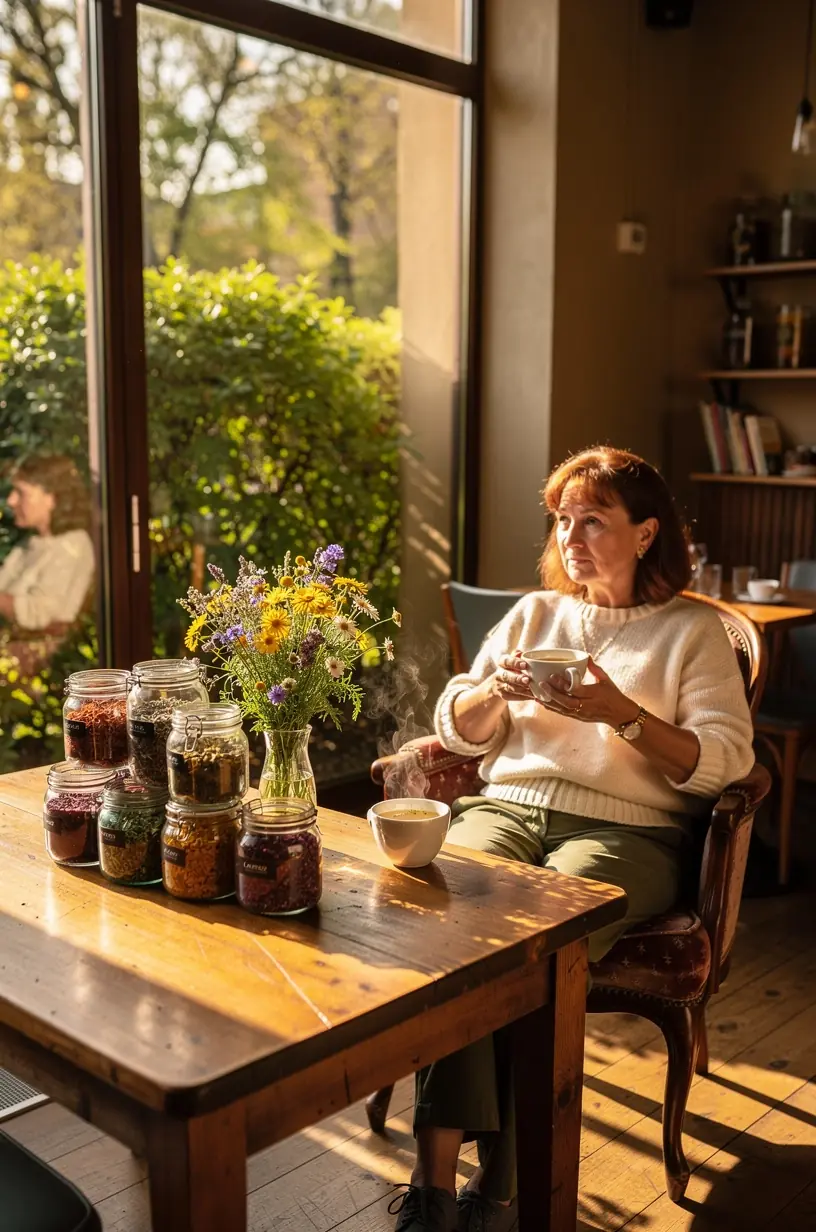 Raminantis žolelių arbatos puodelis ant medinio stalo, šalia knygos ir akinių.